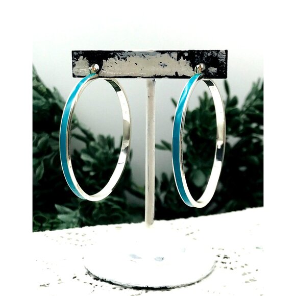 Silver Tone Hoop Earrings With Aqua Enamel Accent - Picture 5 of 7